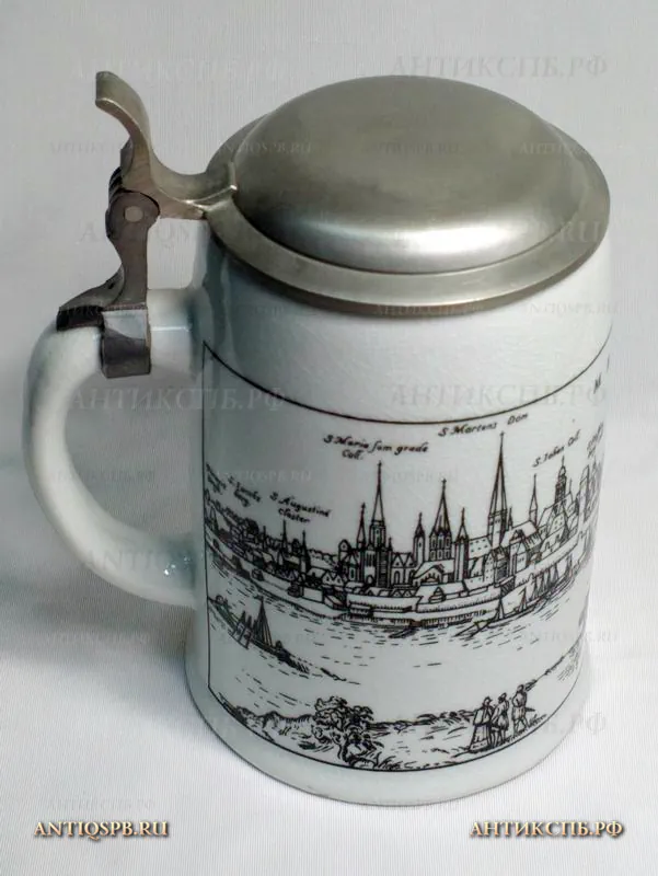 Кружка пивная фаянсовая "Город у реки". Вт. пол. ХХ века. Германия. №18564.3